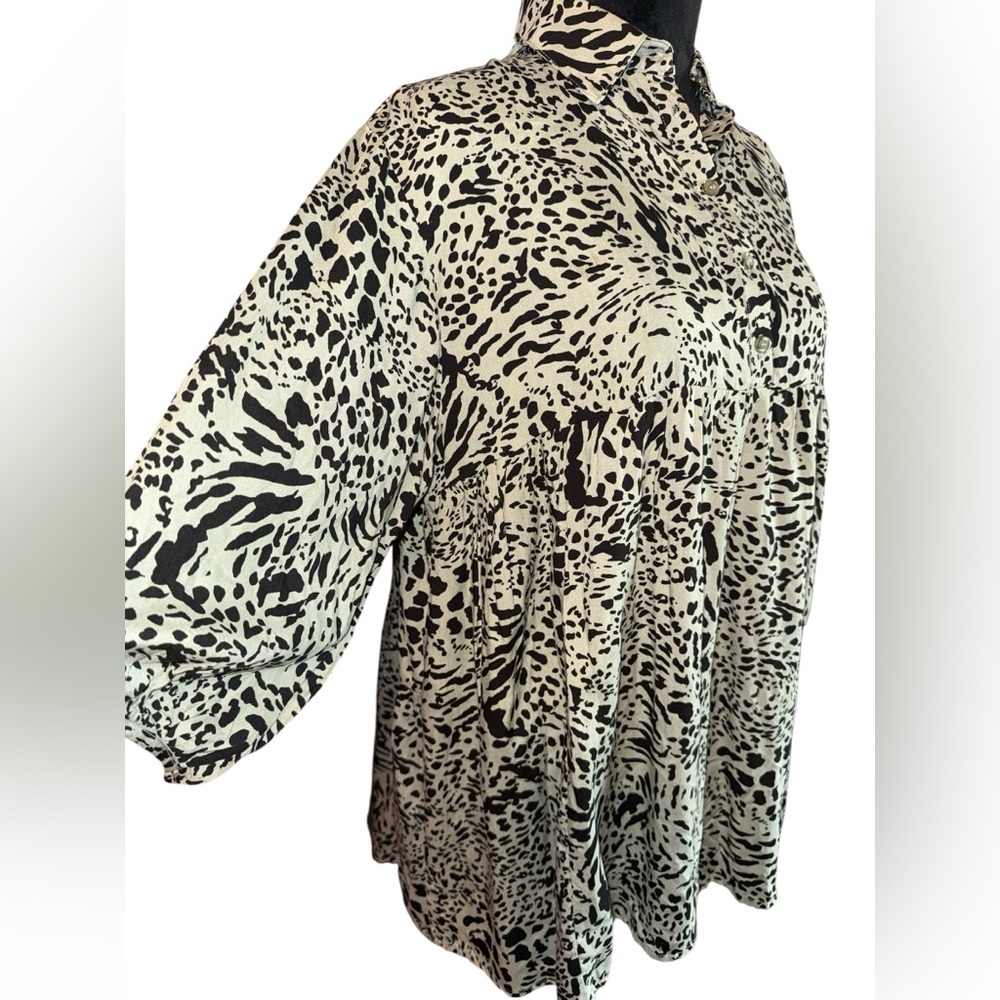 Umgee Leopard Collared 3/4 Sleeve Babydoll Tunic, Size Oversized Small, NWT